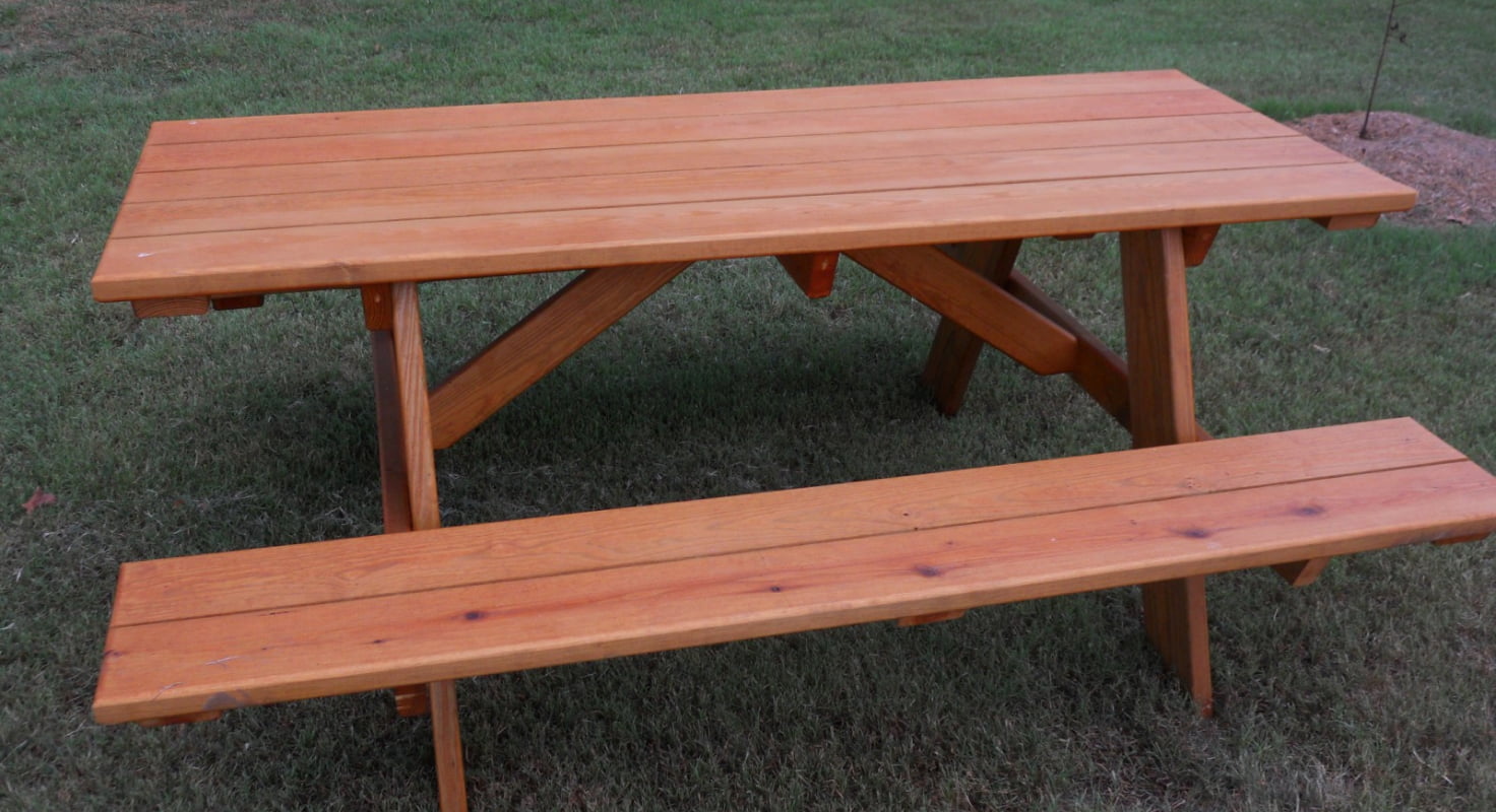 wooden picnic tables